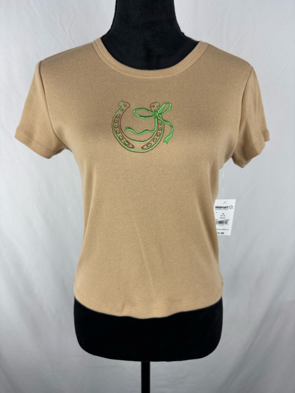 NWT Special Edition Short Sleeve Tan Tee with Green Horseshoe Embroidery